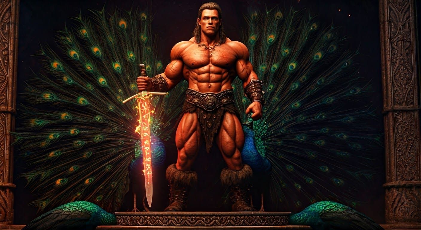 Barbarian Hero with Magic Sword and Peacocks