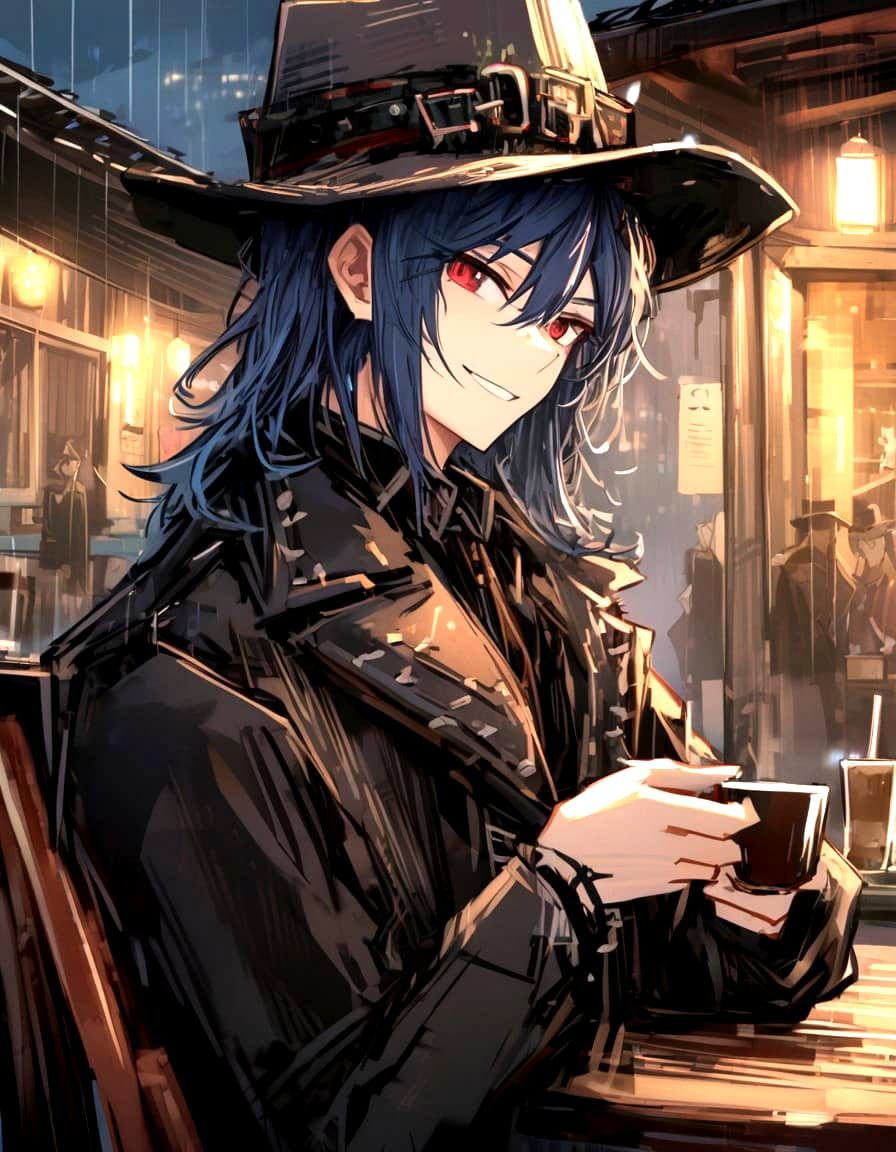 Gothic Boy Enjoys Espresso on a Rainy Rooftop