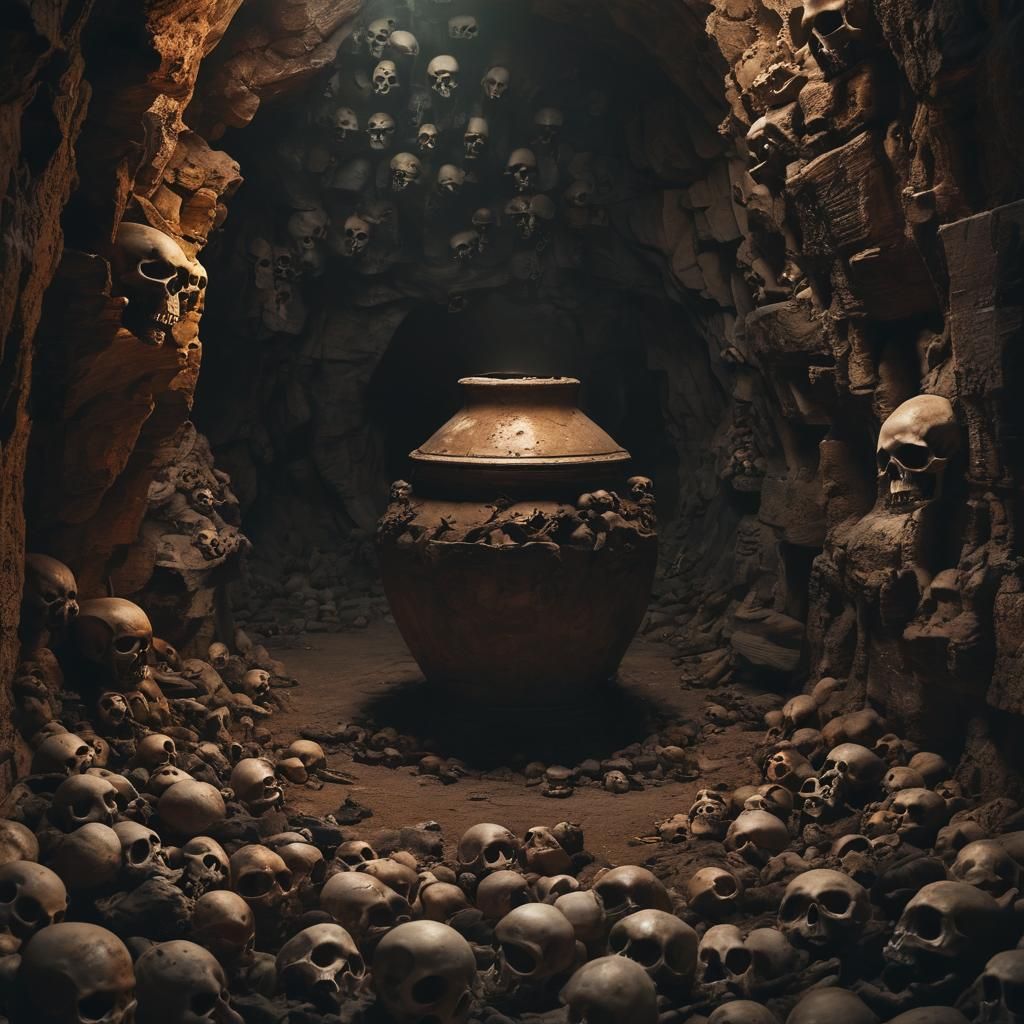 Macabre Cavern: Burial Urns and Skulls in Dark Fantasy