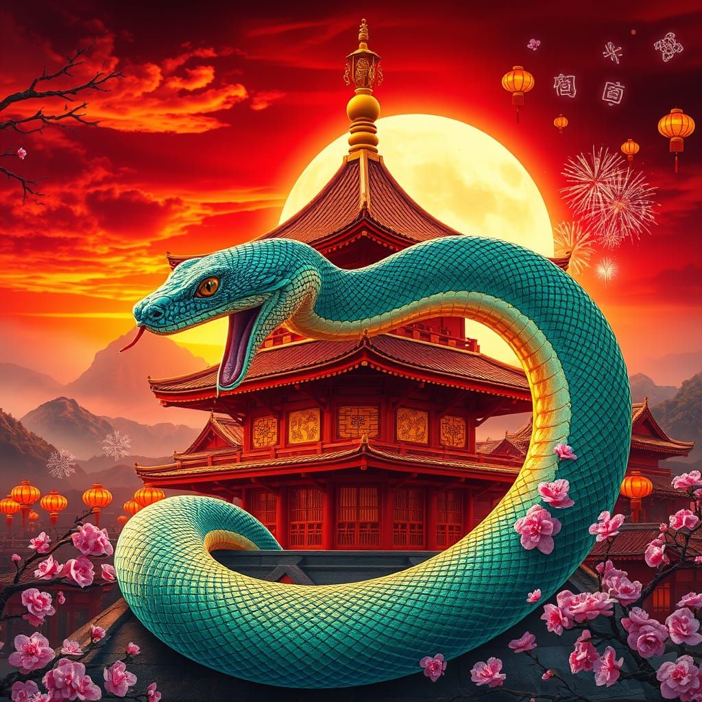Mystical Snake Coiled Pagoda Amidst Golden Mountains and Cri...