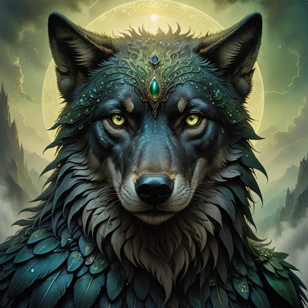 Ethereal Wolf Crow Hybrid Portrait with Emerald Eyes