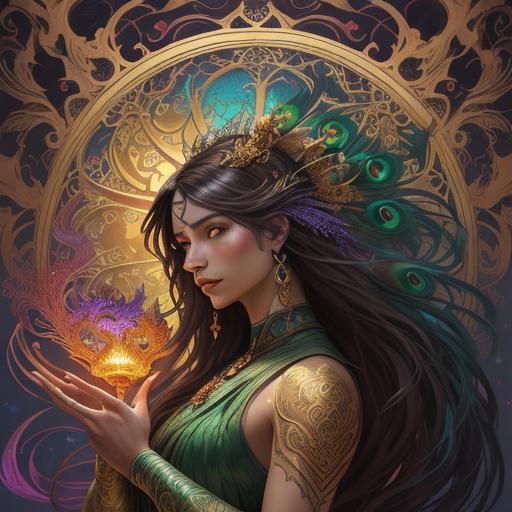 Dragon Peacock Woman in Abstract Expressionist Style