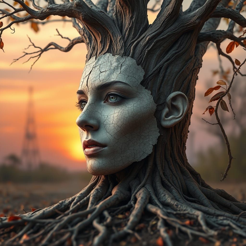 Surrealist Tree Bark Portrait of a Woman at Sunset