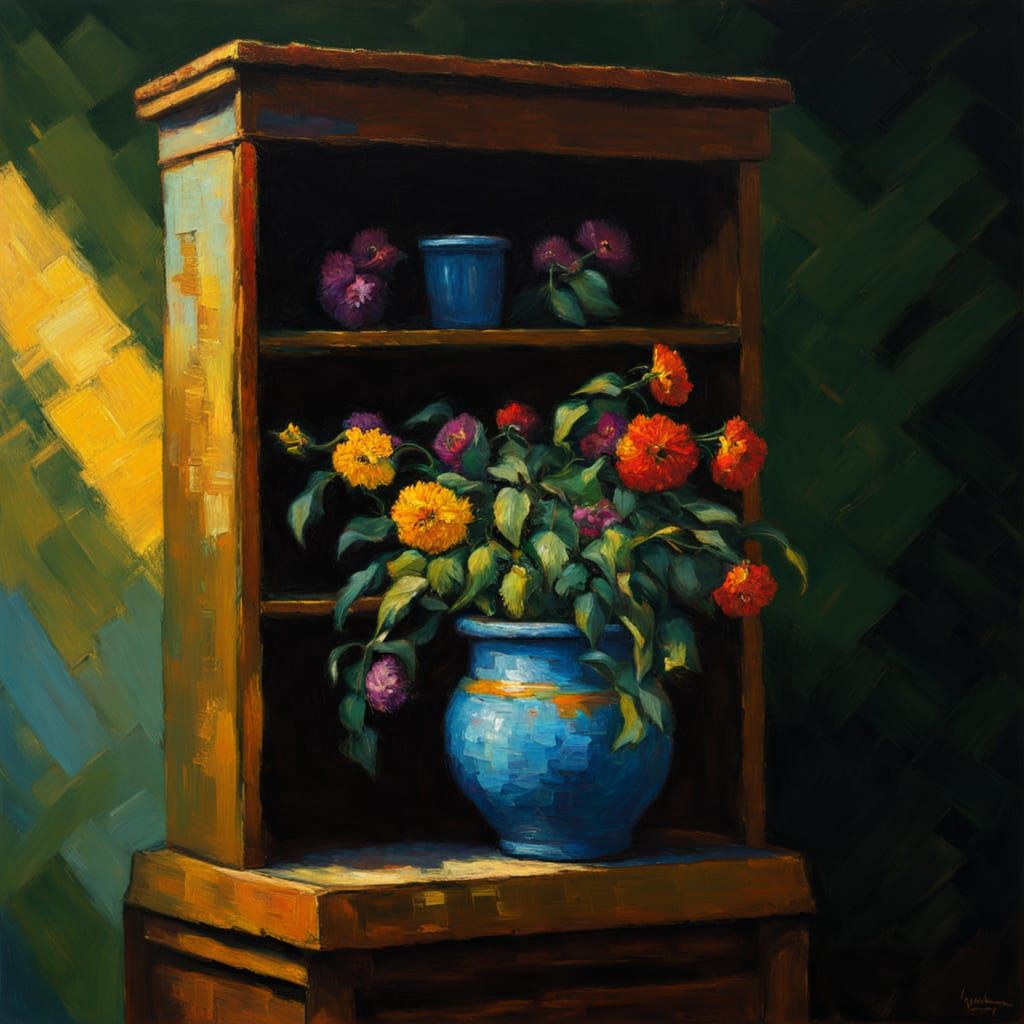 Neo-Impressionist Flower Pot on Old Cabinet
