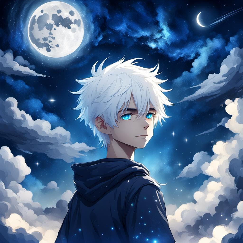 Boy with White Hair Under Night Sky