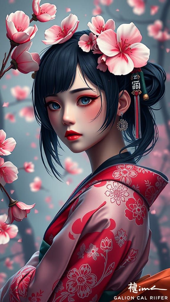 Surreal Geisha Portrait in Vibrant Sakura Colors