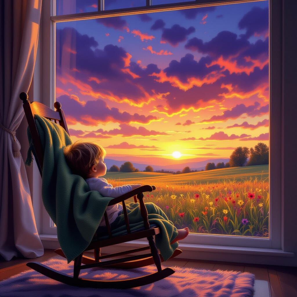 Toddler Watching Colorful Sunset: Detailed Matte Painting