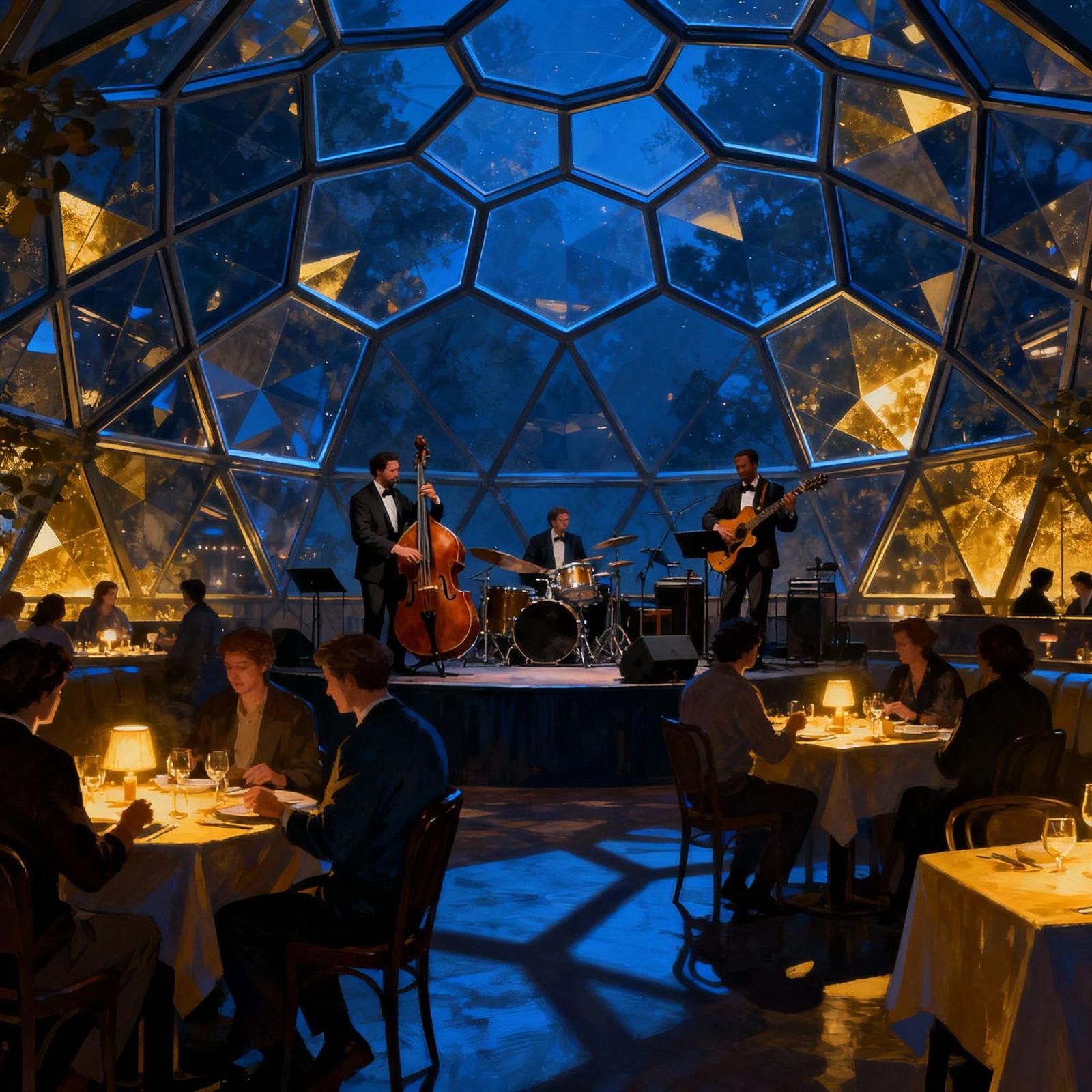 Jazz Band Performs Blues in Geodesic Dome Restaurant