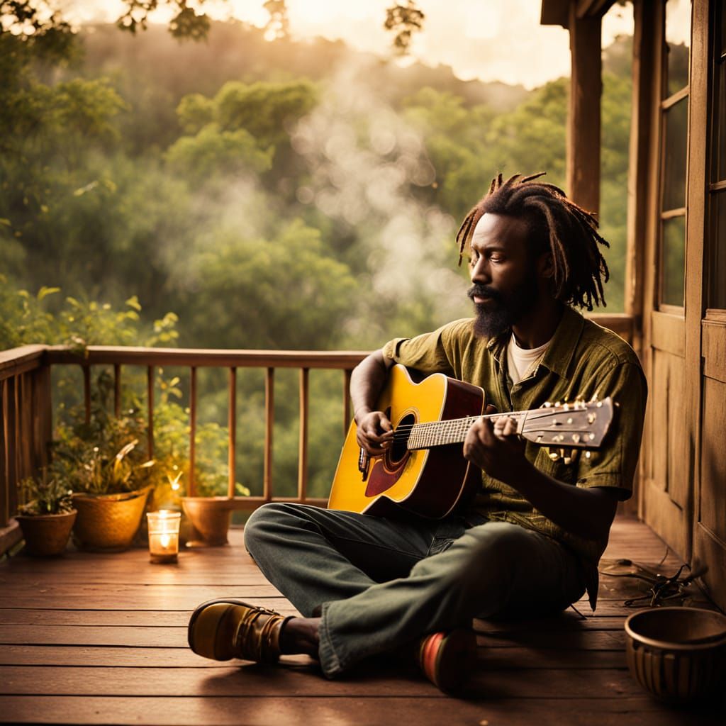 A Rastafari Man's Intimate Moment in a Tropical Sunset