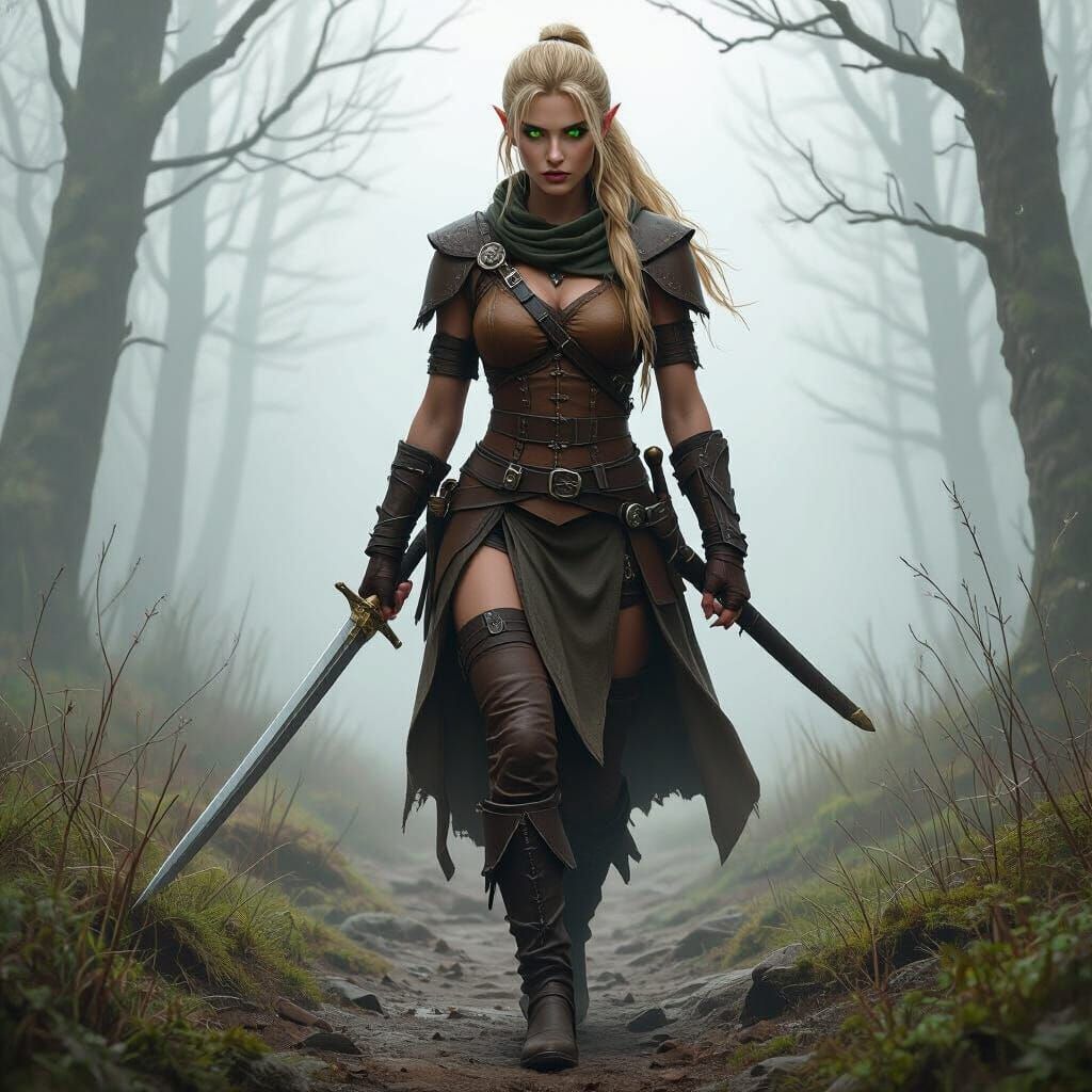 Elven Warrior on Misty Path in Realistic Style