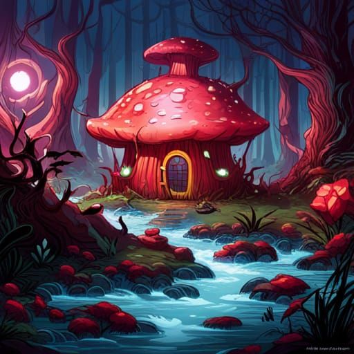 Enchanted Mushroom House in Magic Swamp: Comic Book Art