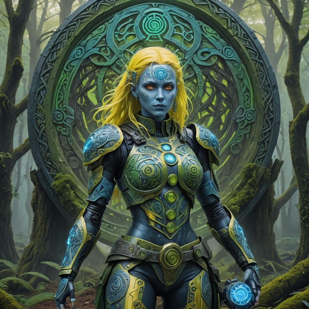Celtic Sci-Fi Android Warrior in Mystical Forest