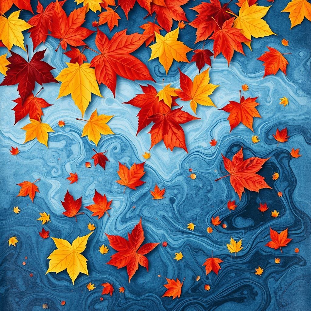 Autumn Leaves in Suminagashi Dreamcore Watercolor Art