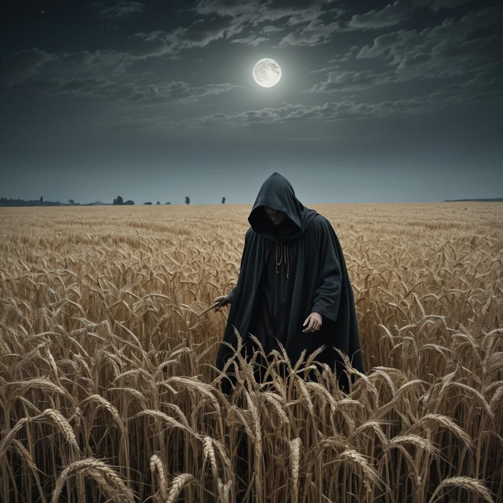 Ethereal Reaper Harvesting Wheat: Surrealist Oil Painting