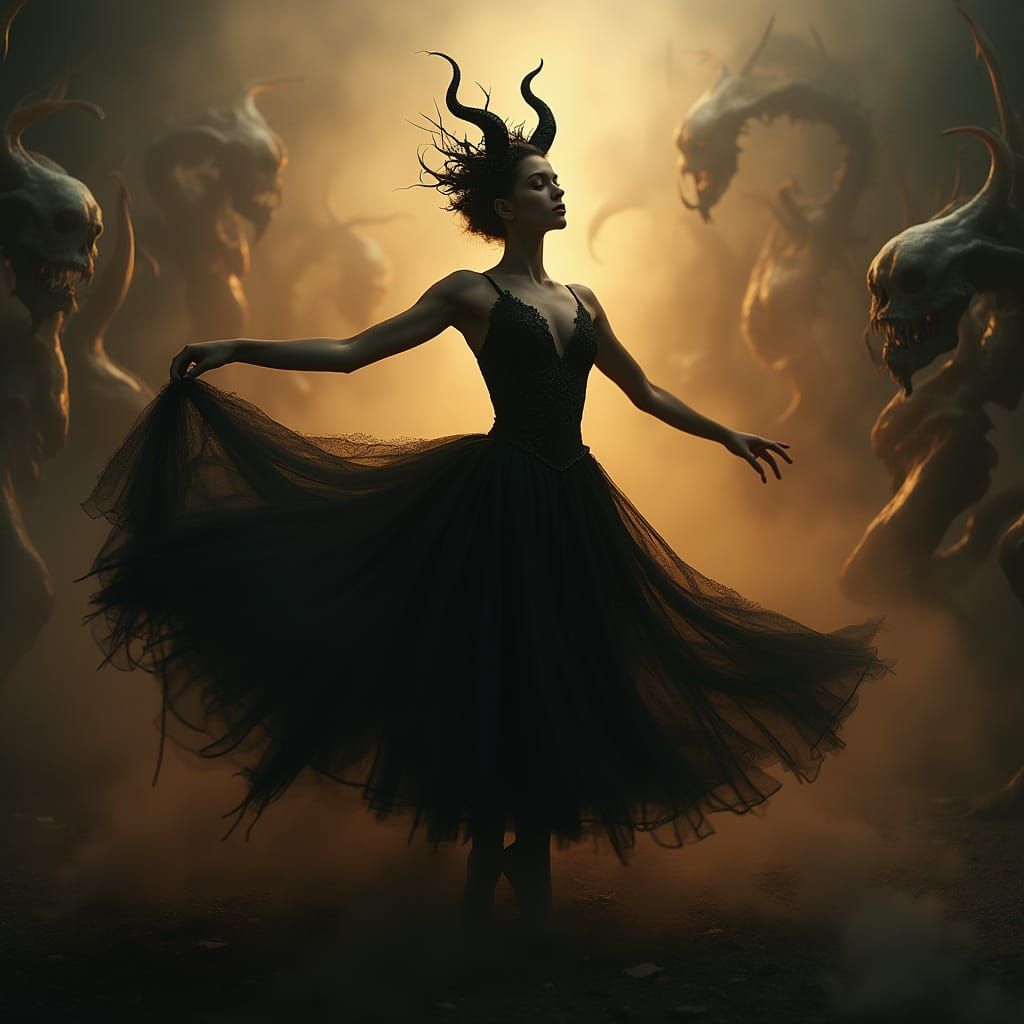 Dark Fantasy Ballerina Dancing Amidst Infernal Horde in Goth...