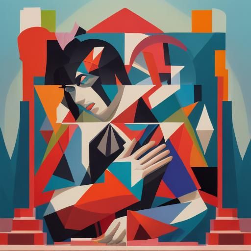 Cubist Prayer: A Geometric Fauvism Art Deco Painting