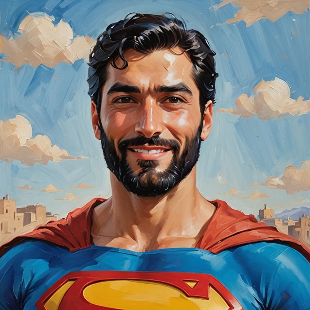 Smiling Bearded Superman Portrait in Impressionist Style