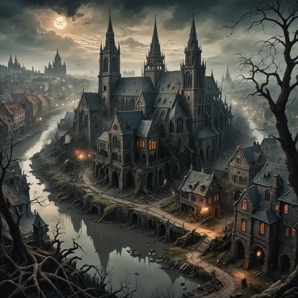 Dark Fantasy Cityscape with Spider Infestation