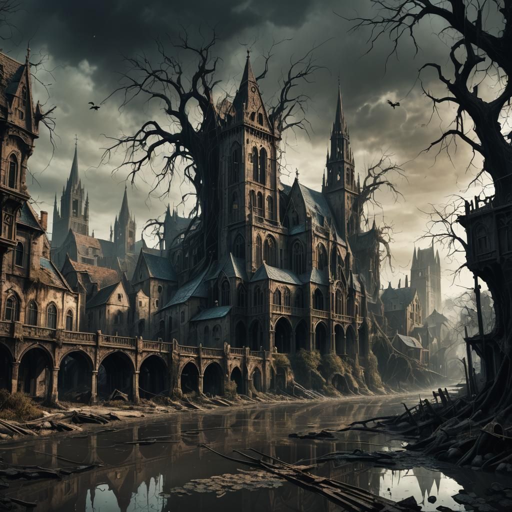 Gloomy Gothic Cityscape with Polluted River