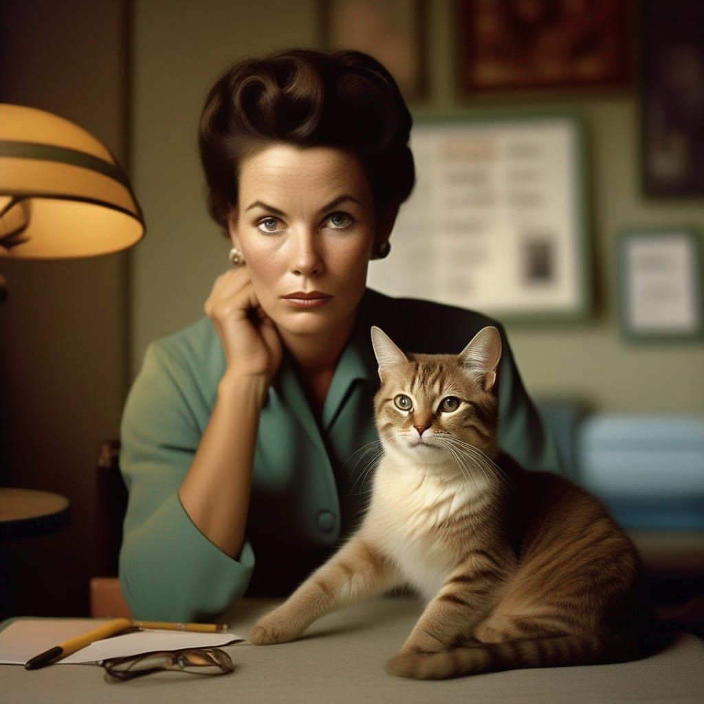 Cat Therapist in 1950s Style Portrait