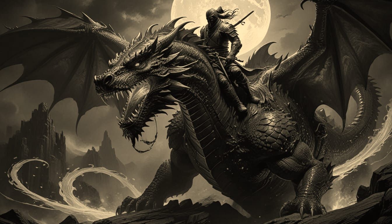 Ninja Rides a Majestic Dragon in Vibrant Illustration Style