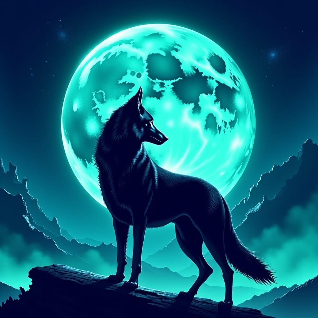 Stylized Wolf and Moon in Futuristic Digital Art Style