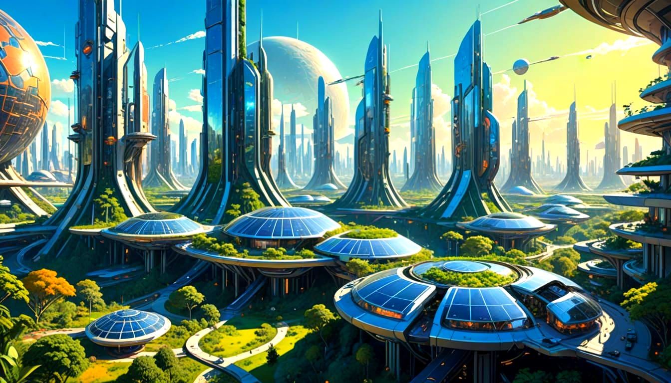 Sustainable Futuristic Cities in Vibrant Solarpunk Style