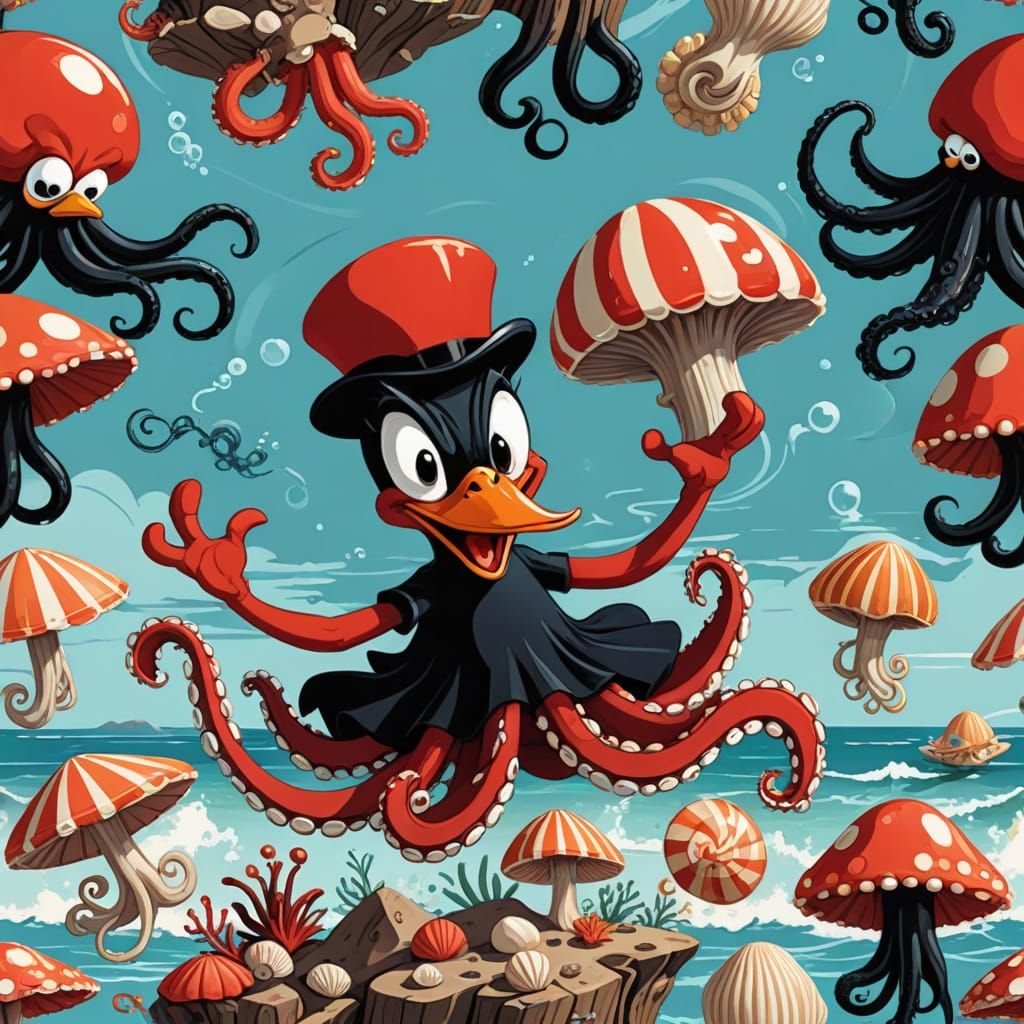Whimsical Woodpecker Octopus in Retro Cartoon Style