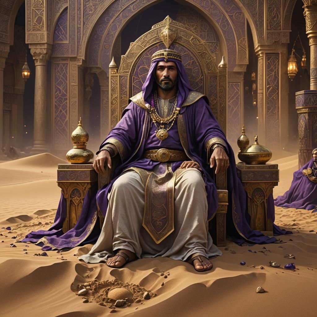 Arab King on Sand Throne in Dark Fantasy Style