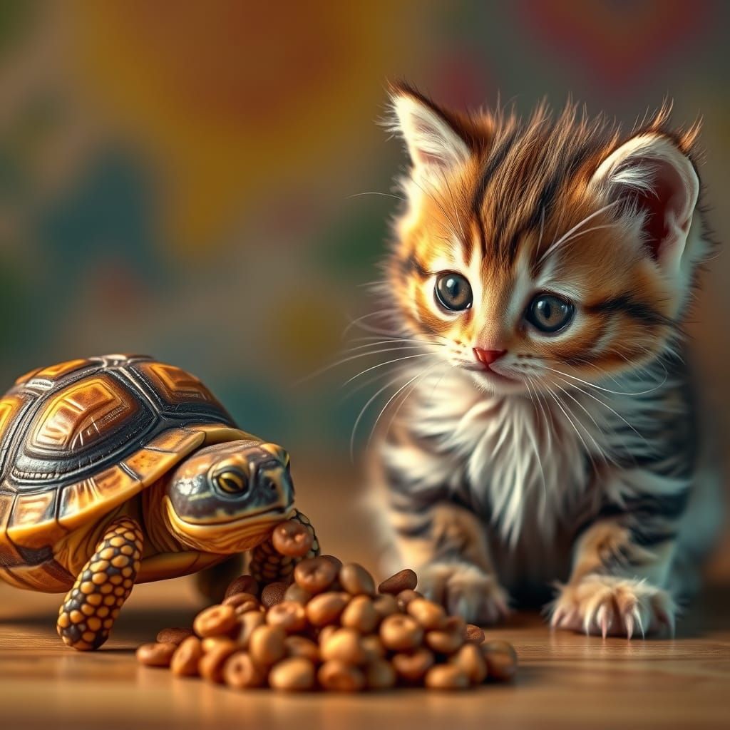 Turtle and Kitten Share Whiskas in Whimsical Scene