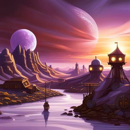 Steampunk Robot Village on Purple Planet