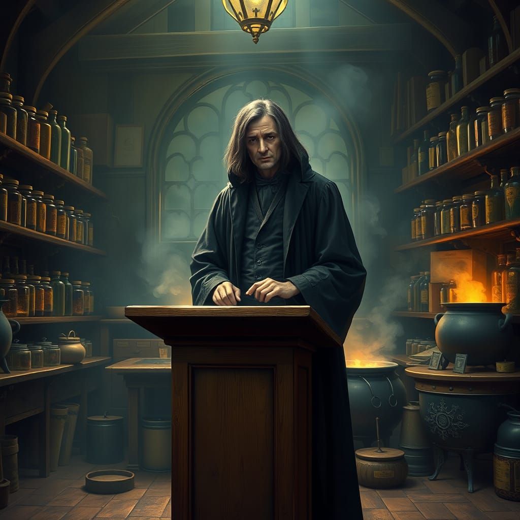 Mystical Potions Master in a Dimly Lit Classroom