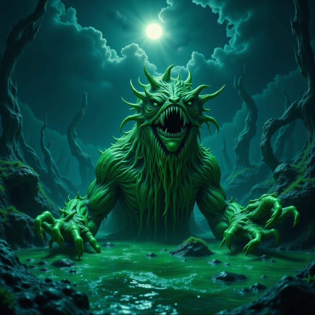 Bioluminescent Monster with Glass Teeth Under Moonlight