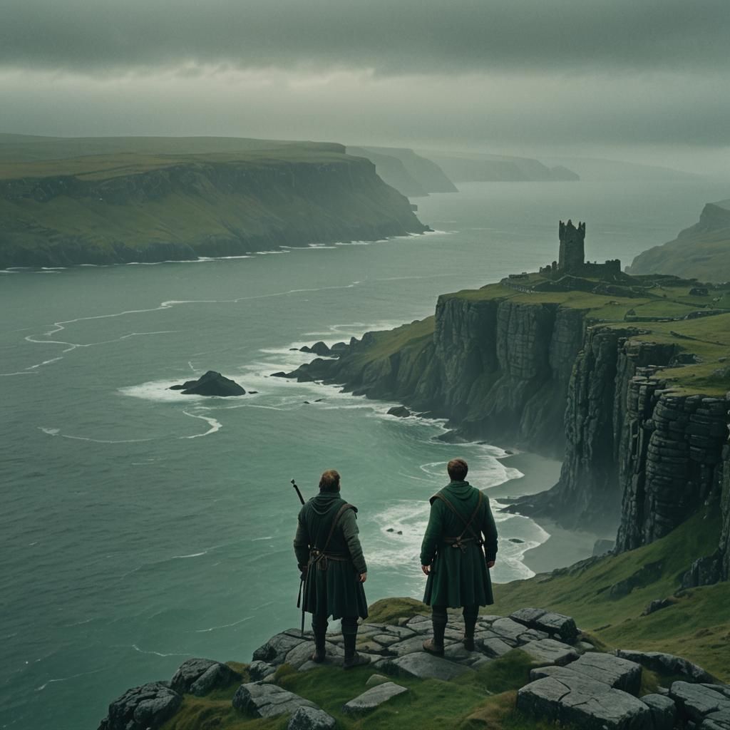 Celtic Warrior on Misty Cliff: Cinematic Film Still