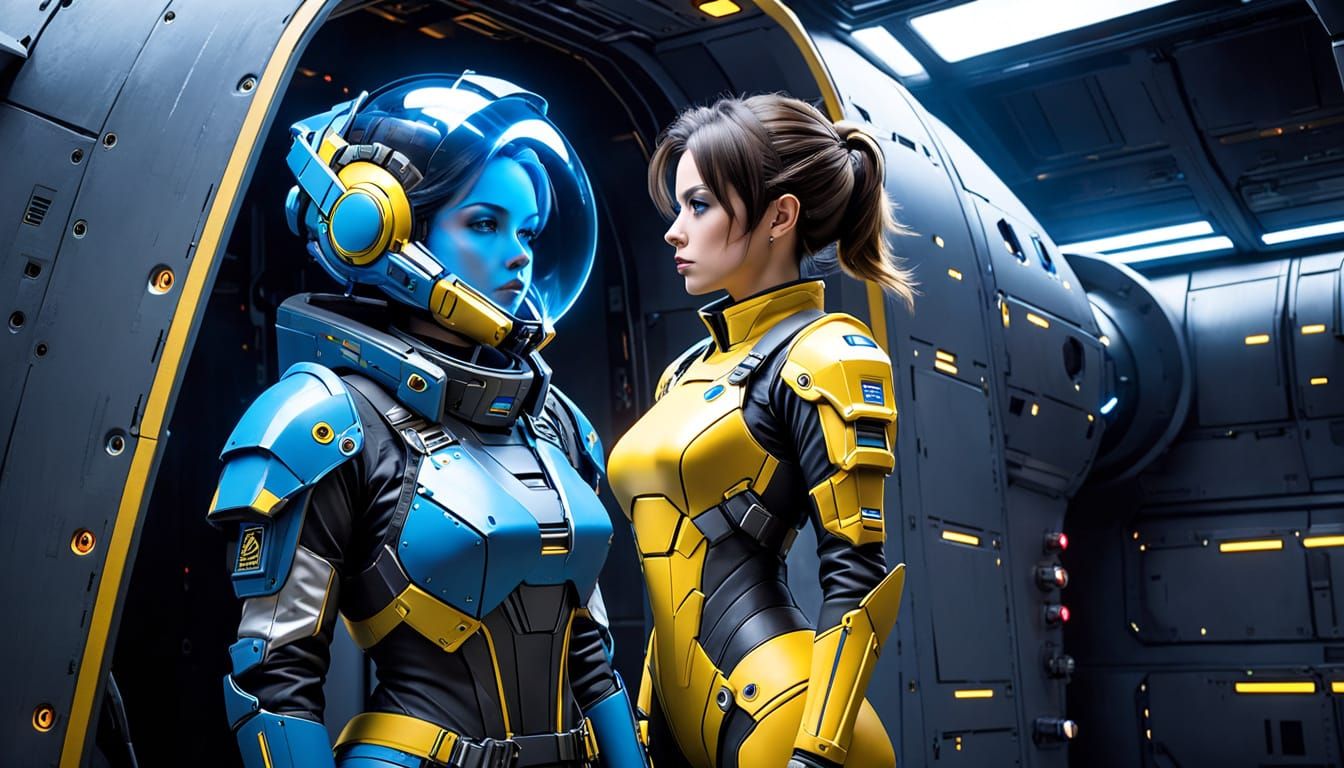 Woman in High-Tech Suit Leans on Starship Bulkhead