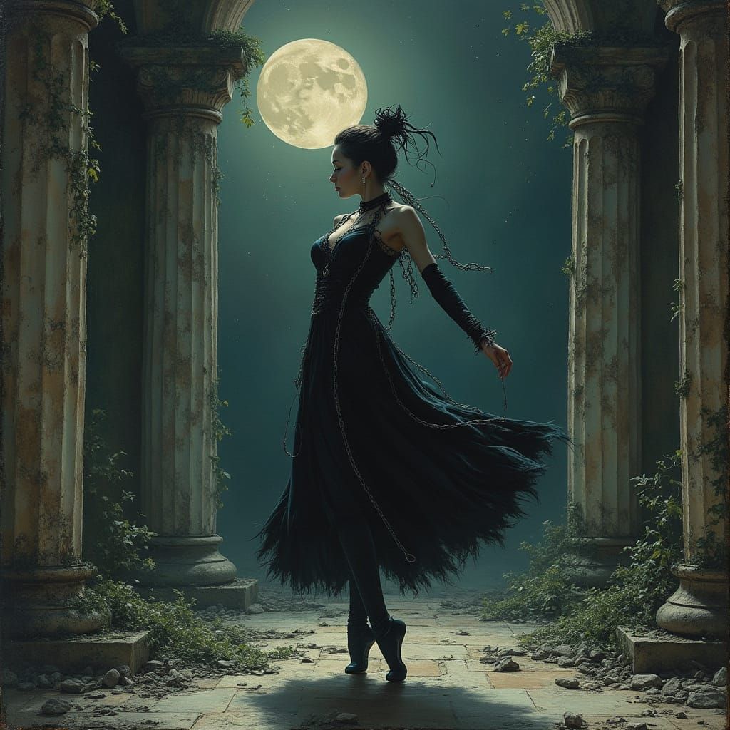 Gothic Dancer in Moonlight Ruins, Impasto Style