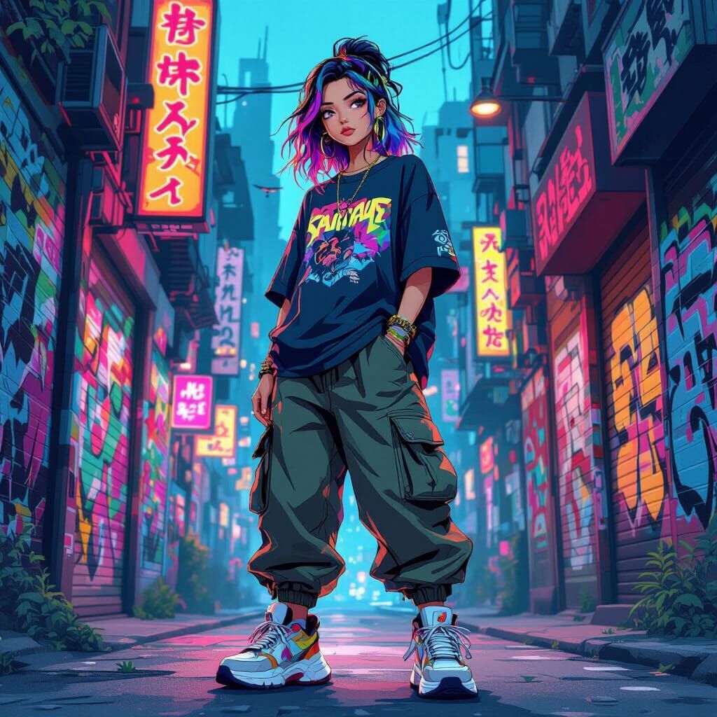 Teenage Girl in Baggy Streetwear with Vibrant Hair
