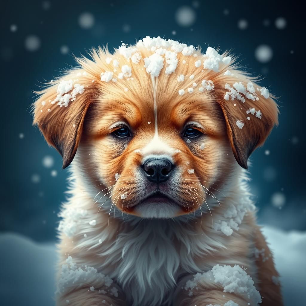 Hyperrealistic Puppy Purring in Snow, Splash Art