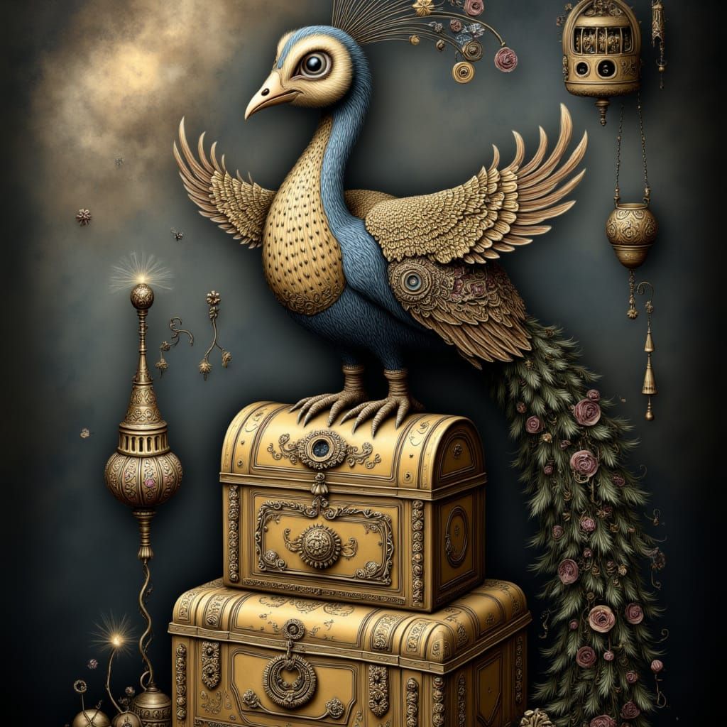 Clockwork Peacock on Brass Tiffin Box in Cosmic Nebula