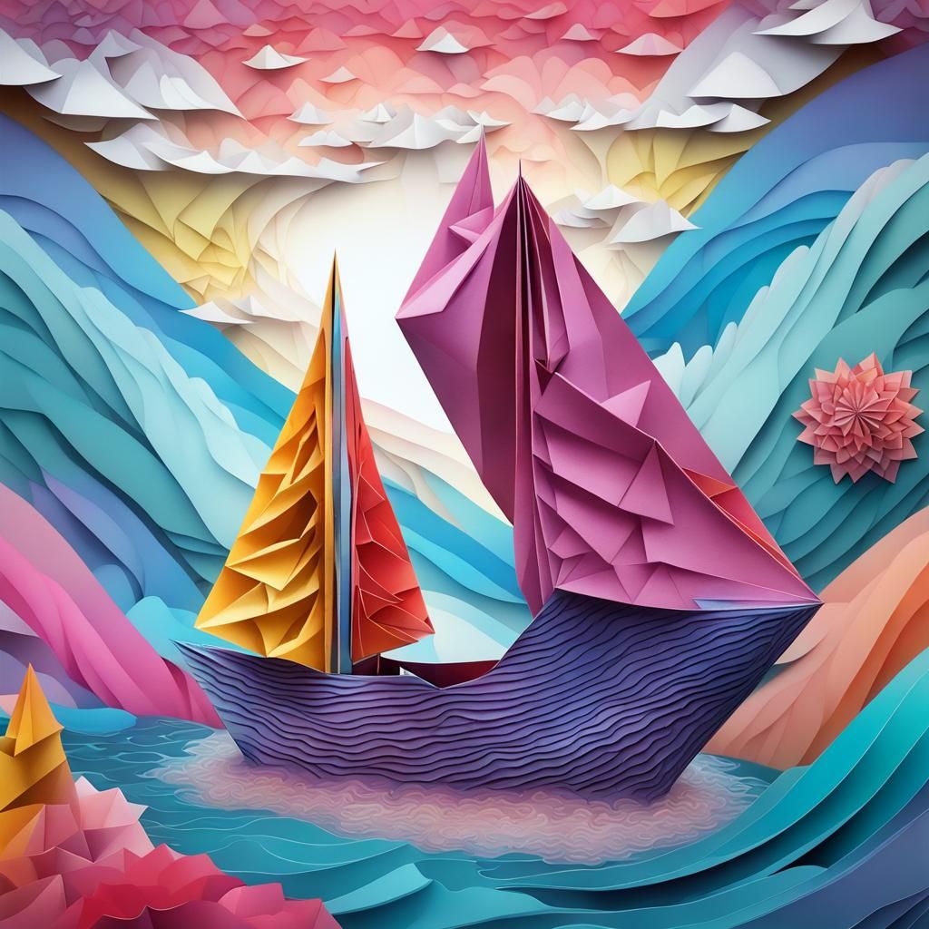 Origami Ship with Cat in River, Gouache Fractal Art