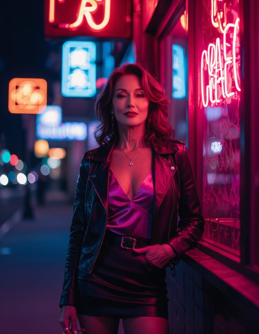 Confident Woman in Neon Noir Nightlife Scene