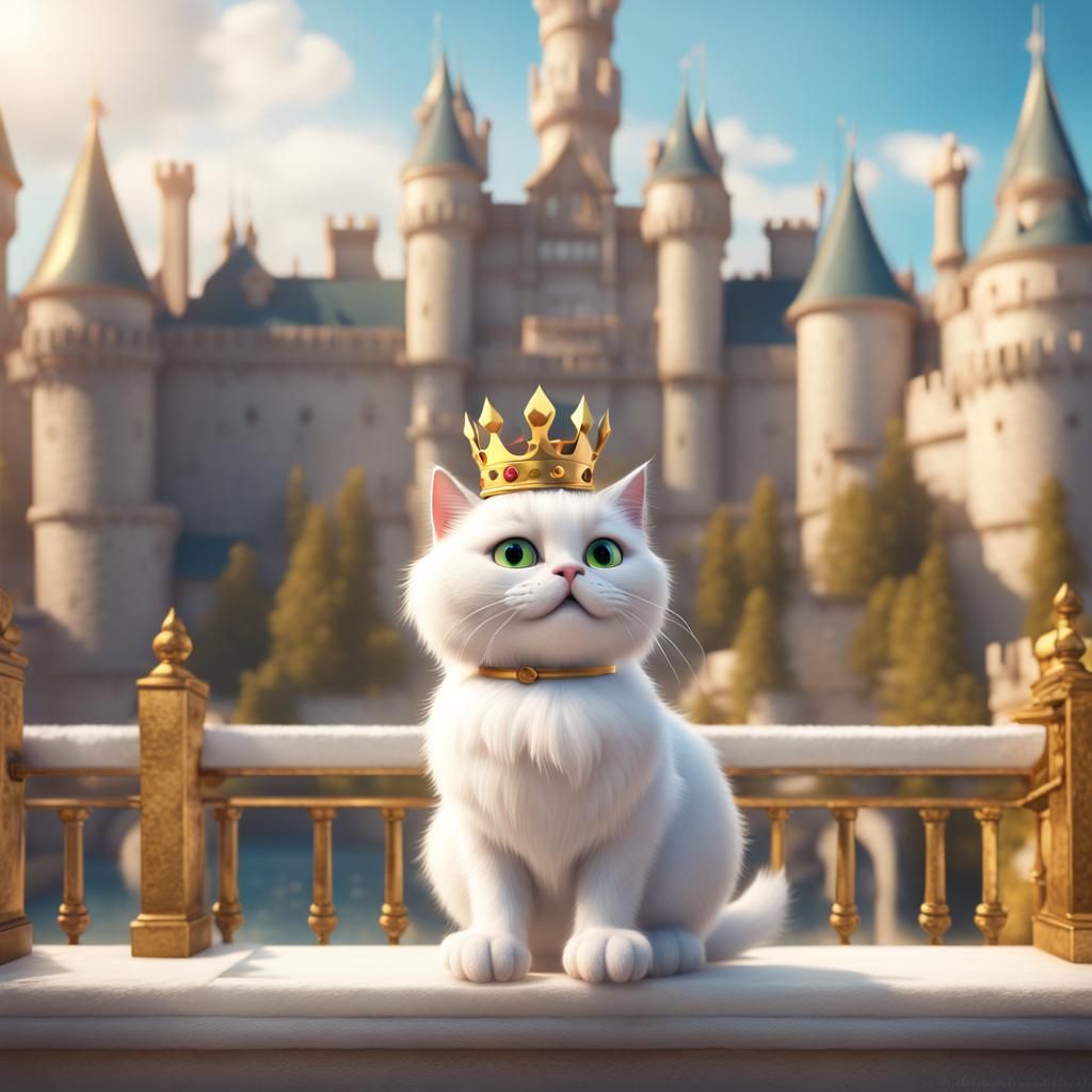 Cat with Crown Overlooking Castle in 3D Style