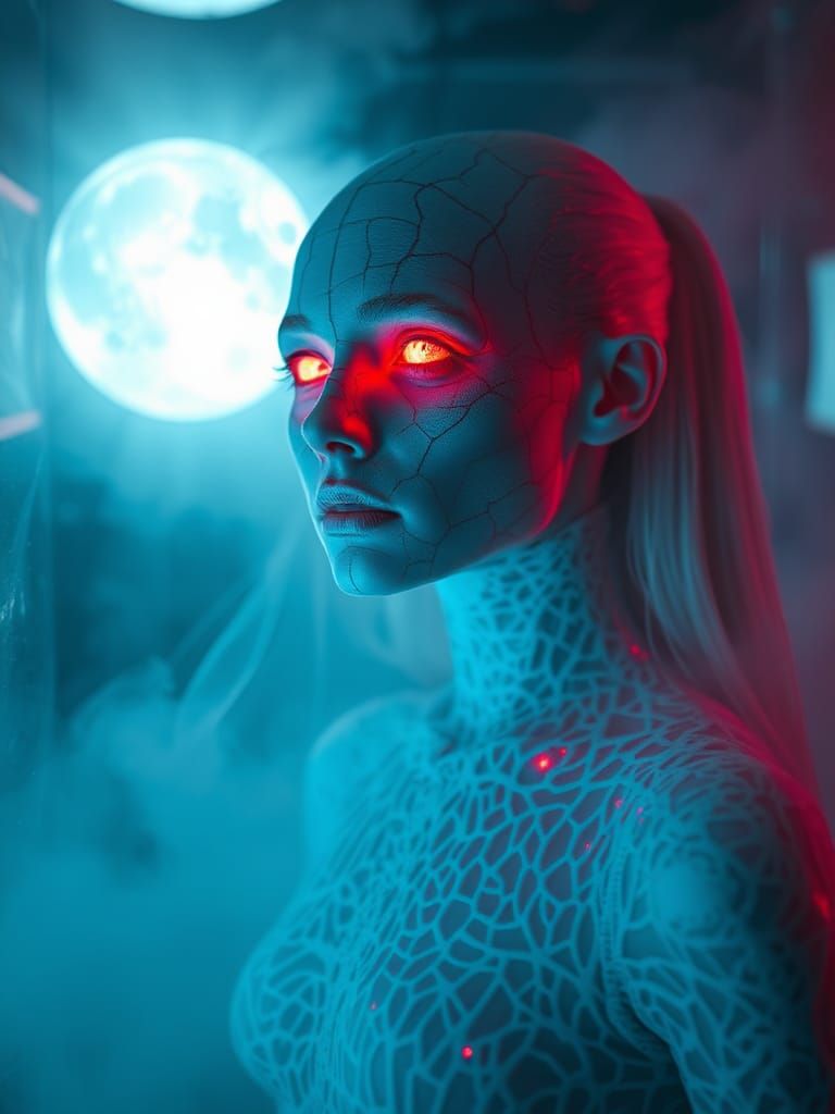 Ethereal Albino Woman in Fog with Laser Lights