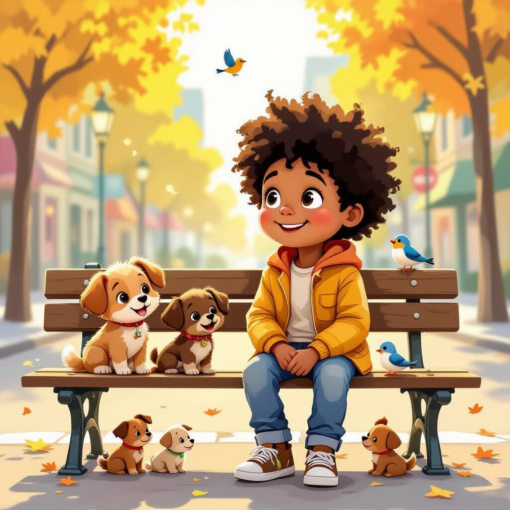 Afro Boy Observes City Life with Puppies and Birds