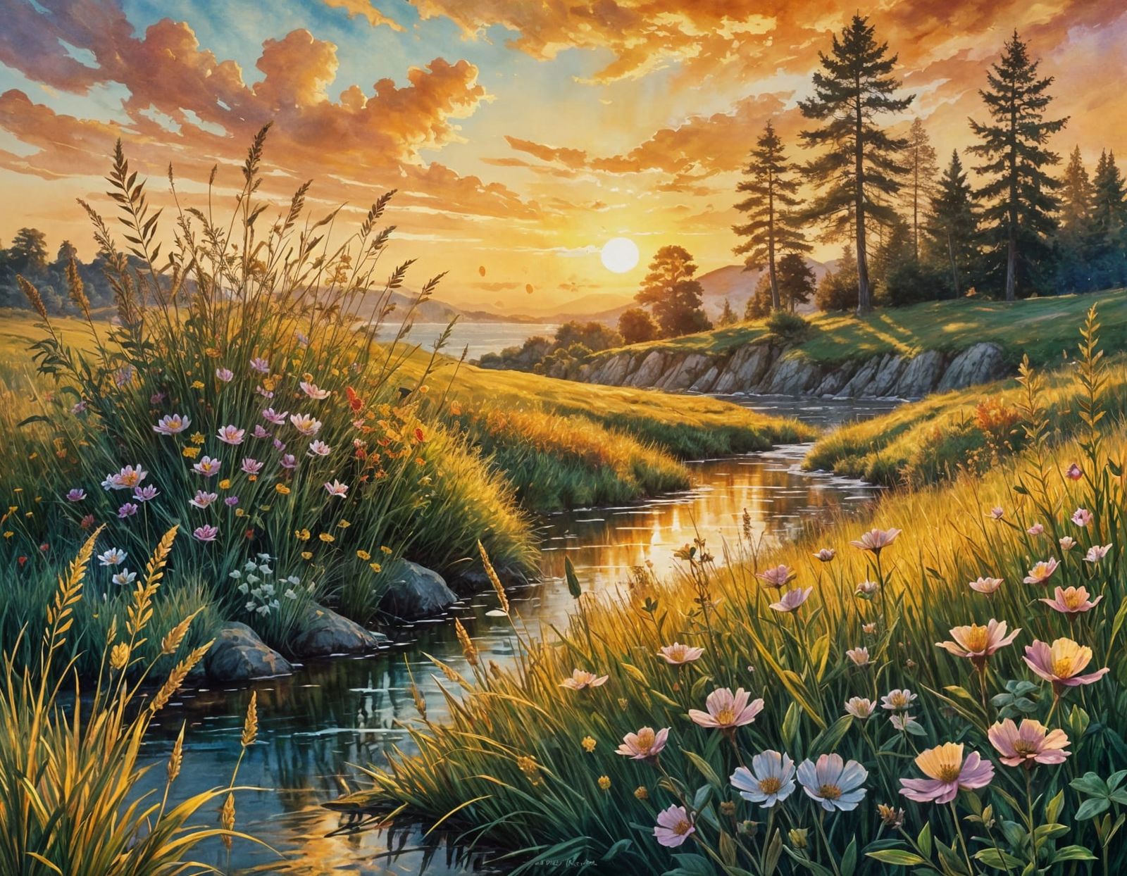 Golden Hour Sunset in a Vibrant Wildflower Meadow