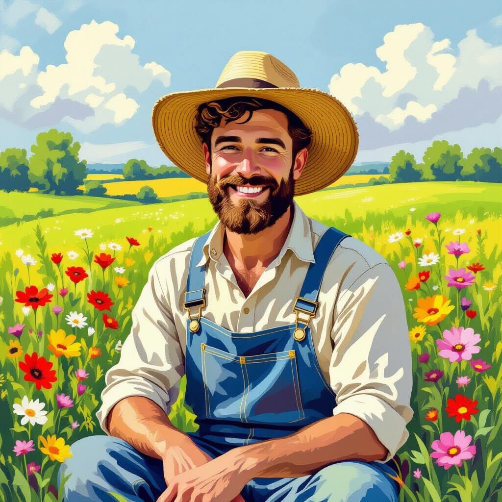 Happy Farmer in Lush Fields, Whimsical Illustration