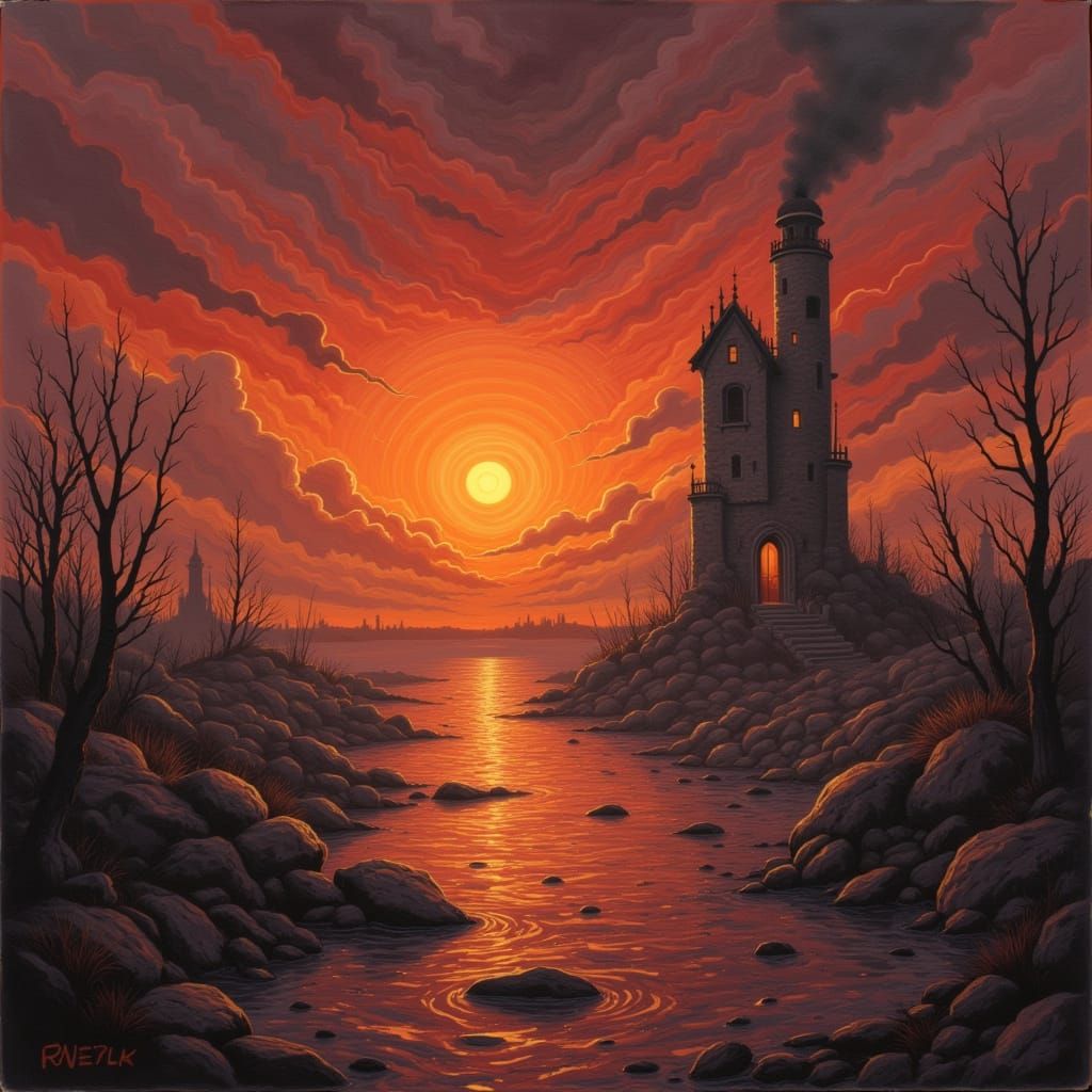 Fiery Sunset Over a Hellscape in Distorted Paint Style