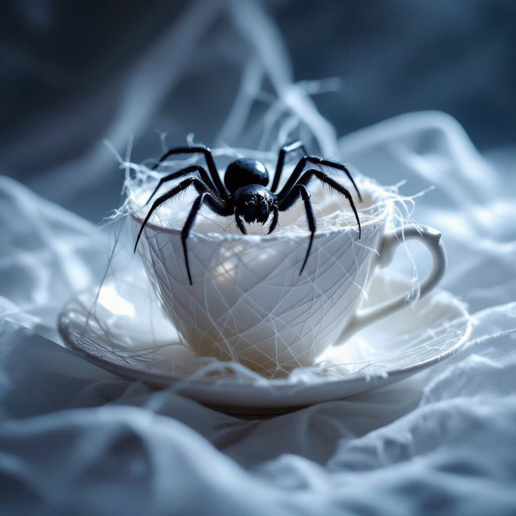 Black Widow Weaves Delicate Spider Silk Cup and Saucer