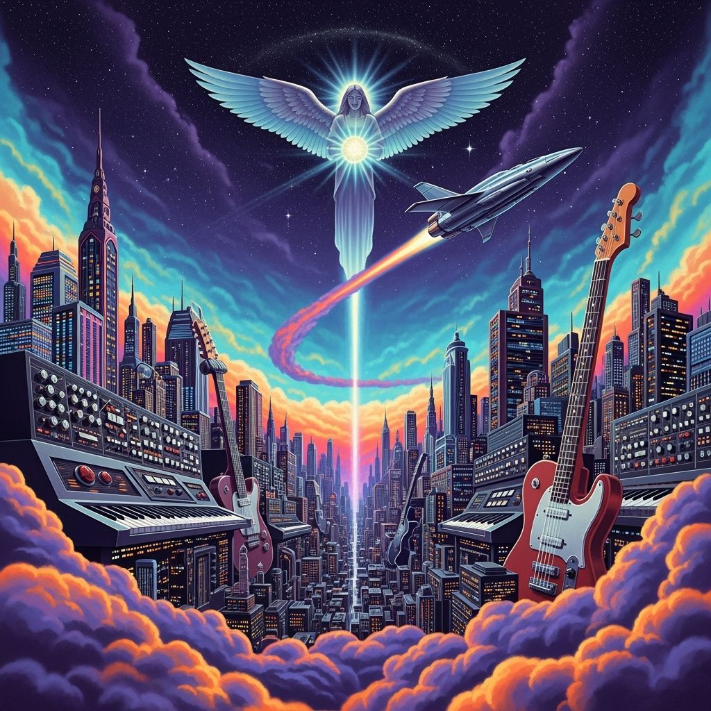 Retro-Futuristic Cityscape with Angel, in 1970s Sci-Fi Style