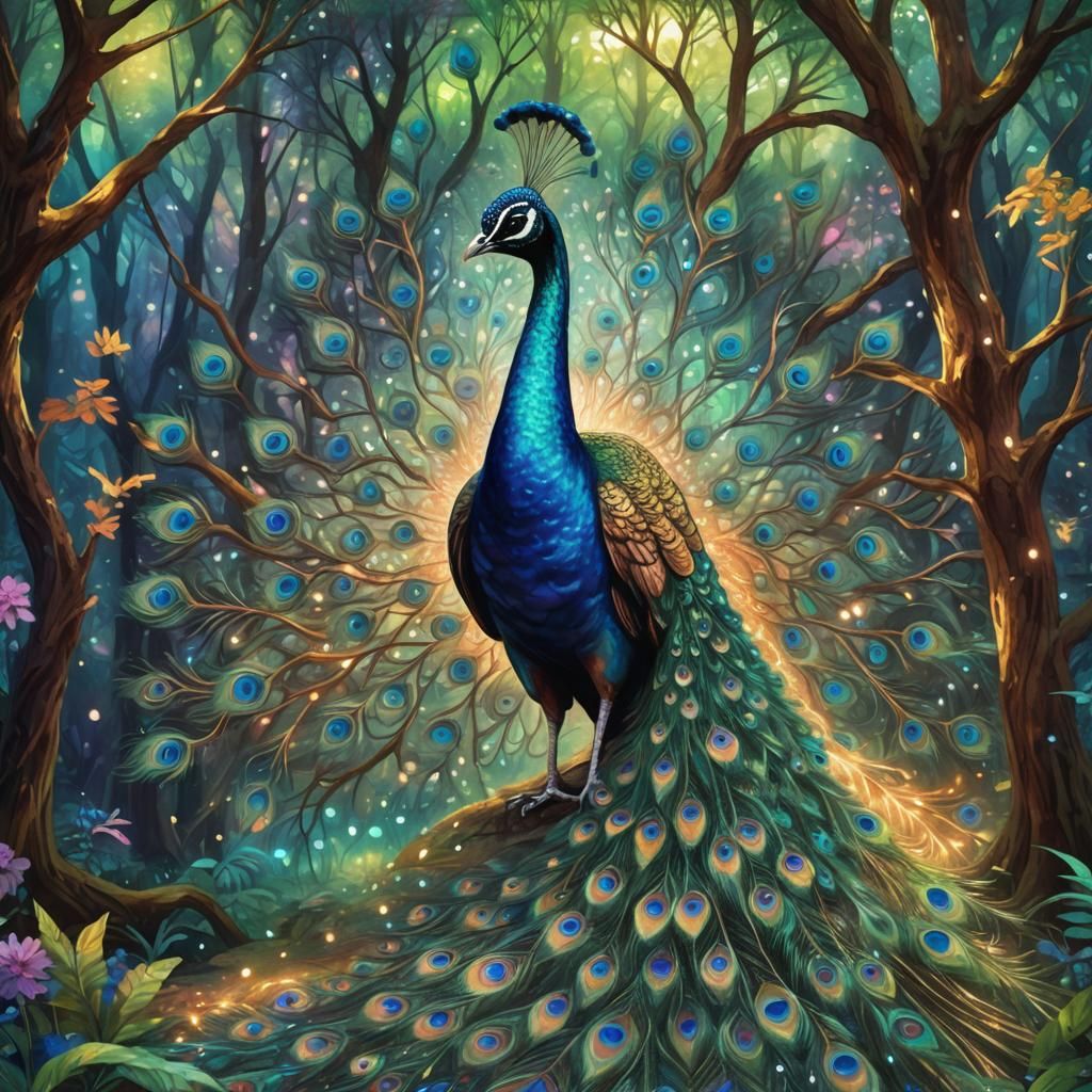 Peacock Displaying Tail Feathers in Astral Forest